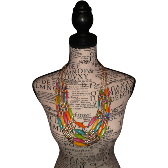 Multicolor 5-tier Statement Necklace Gold Tone 26.5" Pretty Spring  Summer - Picture 2 of 8